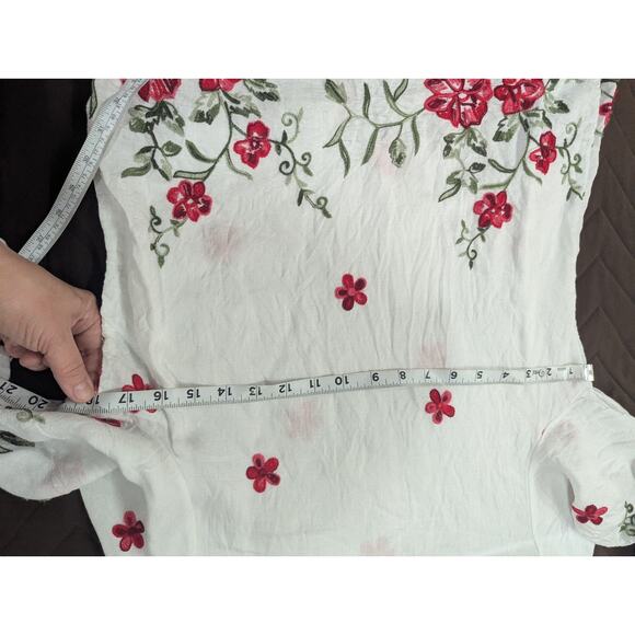 Gorgeous gauzy white peasant style blouse w/red floral embroidery by Kindred PS - Picture 6 of 7